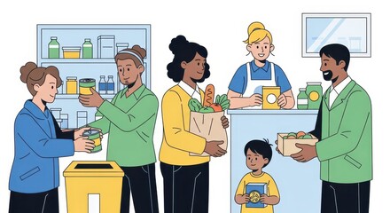Diverse Group of People Donating and Receiving Food at a Community Food Bank.