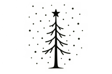 Christmas tree black doodle illustration with star and falling snow on transparent background for winter holidays