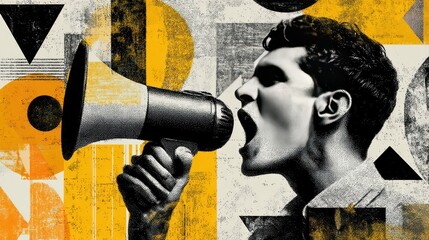 Expressive person with megaphone in a collage-style layout for discount announcement