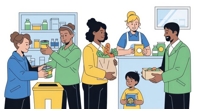 Diverse Group of People Donating and Receiving Food at a Community Food Bank. - Powered by Adobe