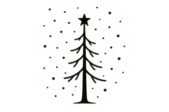 Christmas tree black doodle illustration with star and falling snow on transparent background for winter holidays