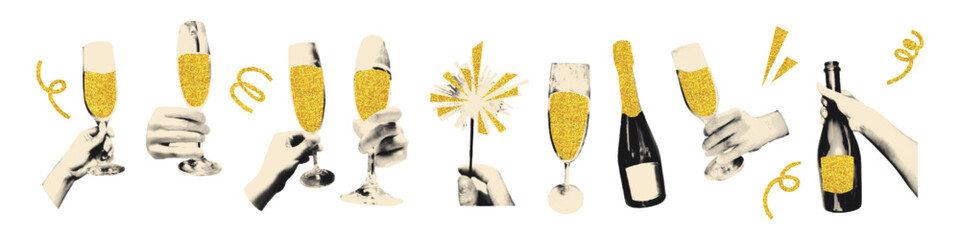 Naklejka na ściany i meble Set of halftone hands holding champagne glasses with sparkling golden drink Vintage magazine clipping stickers. Modern retro vector illustration for Christmas and New Year collage mixed media design