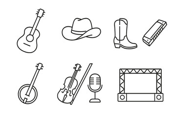 Country Music Icons. Line style icons of Country Music: Acoustic Guitar, Cowboy Hat, Boots, Harmonica, Banjo, Fiddle, Microphone,