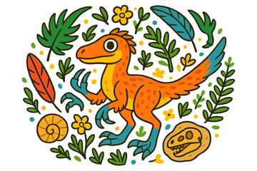 Vibrant Velociraptor Design. Velociraptor in the middle with claws, feathers, plants, and fossils arranged in a radial decorative