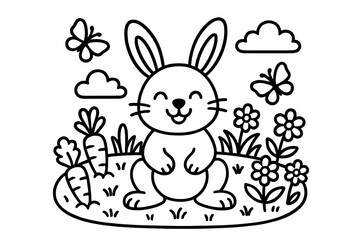 Rabbit in Meadow. A smiling rabbit sitting in a meadow with carrots, flowers, and butterflies, black and white line art,