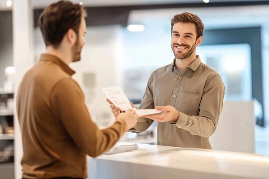 Smiling professional hands over documents to a customer at a reception desk, demonstrating excellent service and business interaction.