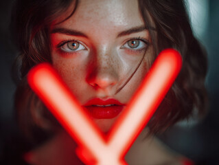 Intense portrait of a young woman with blue eyes and red lips illuminated by vibrant glowing red light sticks creating a dramatic and captivating visual effect