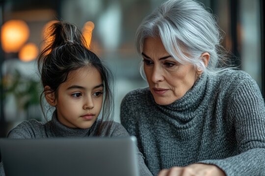 An older woman and a young girl intently observe a laptop screen together, illustrating intergenerational learning, guidance, and digital interaction.