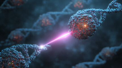 A CRISPR-based diagnostic test visualizing the Cas enzyme cutting a target DNA sequence with a laser.