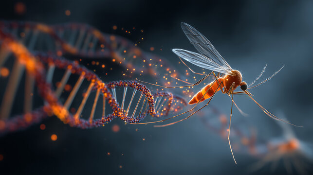 CRISPR-based gene drive technology visualized with a genetically modified mosquito and DNA helix.