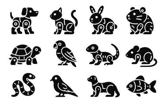 Icons robot cyber turtle icon bird rabbit fish pet vector parrot ferret