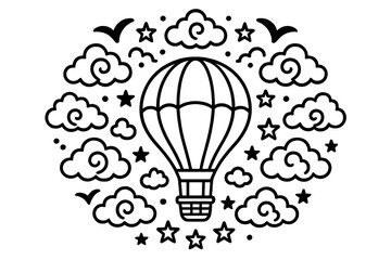 Balloon Mandala Art. Hot air balloon in the middle with baskets, clouds, birds, and stars arranged in a decorative mandala design,