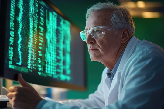 A senior scientist, wearing safety glasses and a lab coat, intently studies complex green digital data and graphs on a computer screen, engaged in advanced research.