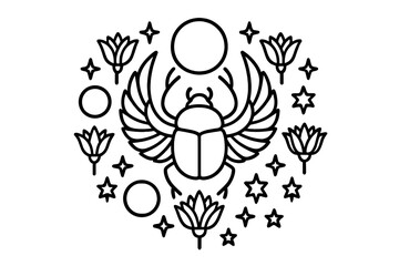 Fototapeta premium Egyptian Beetle Symmetry. Scarab beetle in the middle with Egyptian-style wings, suns, lotuses, and stars arranged in decorative