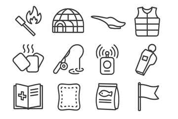 Polar Survival Essentials. Line style round vector icons of Survival in Polar Regions: Fire Starter, Insulated Shelter, Snow