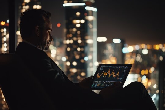 A businessman analyzes market data on a tablet, silhouetted against a vibrant city night skyline, indicating late-night financial work.