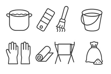 Dyeing Process Icons. Line style icons of Dyeing process: dye pot, color swatch, brush, water bucket, gloves, fabric roll, drying
