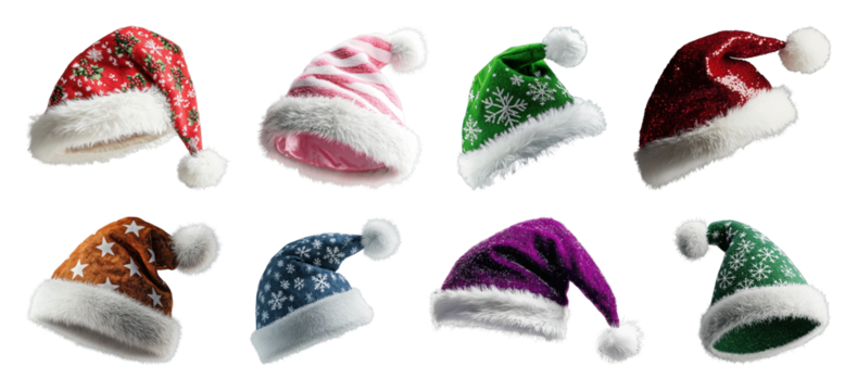 PNG Colorful festive Santa hats collection, element set on transparent background