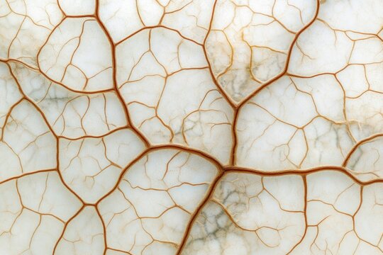 An intricate network of brown veins spreads across a translucent, off-white background, resembling a delicate skeletal leaf or organic pattern.