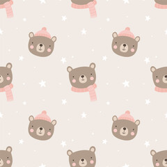 Adorable seamless pattern with brown bear in pink hat and scarf, winter animal background