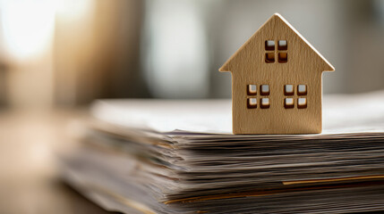Small wooden house model placed atop a thick stack of documents symbolizing real estate contracts, property paperwork, and homeownership process concepts in soft natural