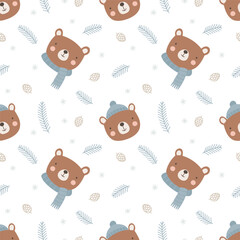 Fototapeta premium Seamless pattern with brown bear in blue hat and scarf, pine branches and cones, cozy winter background