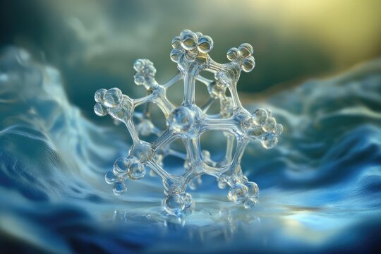 An intricate, transparent molecular or cellular structure, possibly a virus or nanoparticle, rendered in a fluid, abstract, and ethereal blue-green environment.