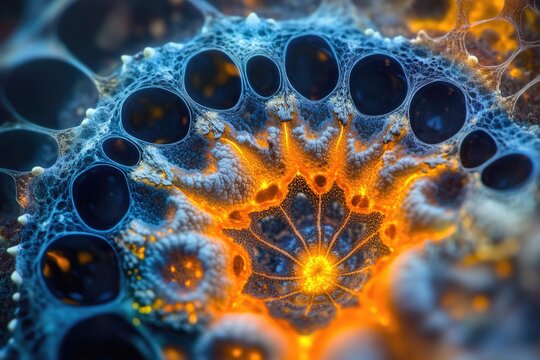 Mesmerizing microscopic image of an intricate organic structure with glowing orange energy radiating from its core, surrounded by textured blue cellular forms.