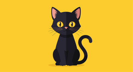 A cute cartoon black cat with big yellow eyes sits patiently on a plain yellow background.