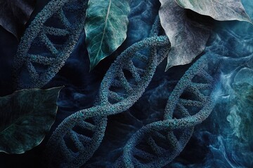 Intricate DNA helix structures intertwined with organic leaves, representing the fundamental connection between genetics, biology, and nature's complex blueprint.