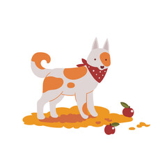 Vector hand-drawn illustration of a cute dog in an autumn garden. Sketch of a pet on a walk.
