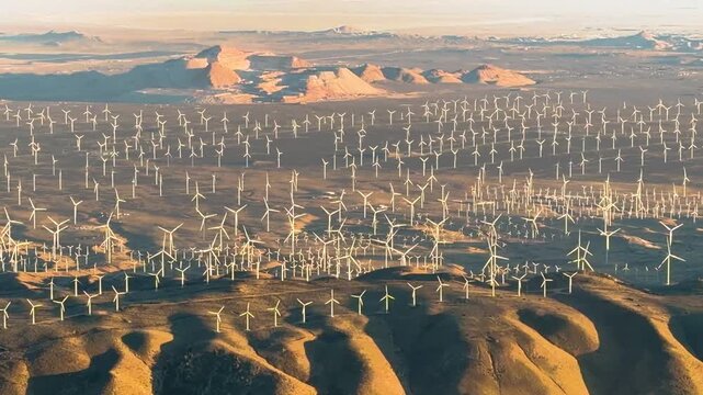 Late afternoon aerial view of a massive wind farm, with hundreds of spinning windmills, near the California desert town of Mojave.