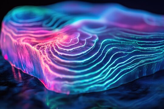 An abstract, glowing object with flowing topographic lines in vibrant pink, purple, and blue hues, creating a futuristic, ethereal landscape. - Powered by Adobe