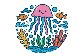 Whimsical Underwater Scene. Jellyfish in the middle with bubbles, fish, waves, and corals radiating outward in whimsical circular