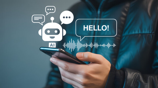 Person using ai chatbot on mobile phone with hello speech bubble and robot icon in a dark environment - Powered by Adobe