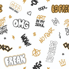 Graffiti seamless pattern in street Art style quotes and words on White background - editable vector template for street wear print design