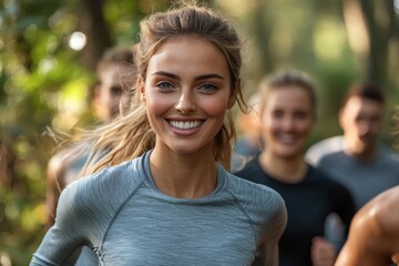 Obraz premium A group of friends, including a smiling woman, enjoy a run together in a vibrant forest on a sunny day