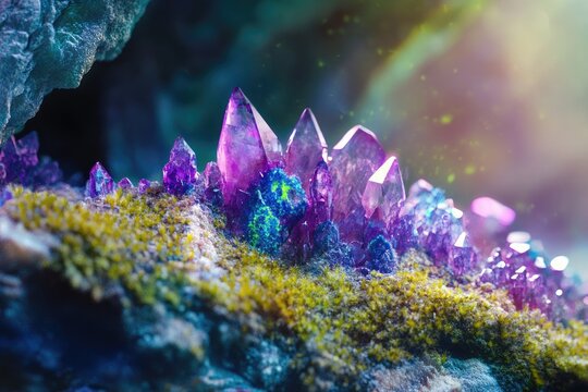 Luminous purple and blue crystals emerge from mossy rock, bathed in ethereal light, creating a mystical underground grotto scene.