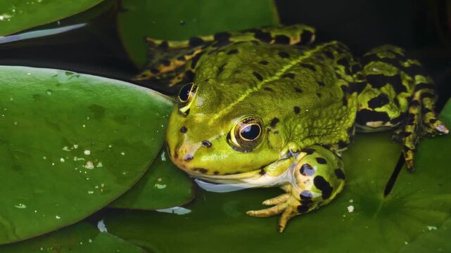 Close up of a large green frog resting in a pond on a sunny spring day