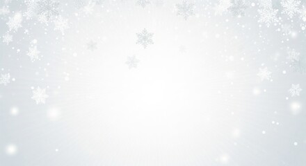 Minimalist White & Silver Snowflake Background. Christmas background. The backdrop is a very light, soft grey-to-white radial gradient. The scene is lightly decorated with falling snowflakes