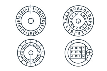 Cipher Tool Icons. Line style icons of cipher tools in round shape: Caesar cipher wheel, letter substitution disk, rotating cipher