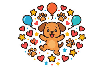 Joyful Puppy Mandala. Happy puppy in the middle with balloons, hearts, paw prints, and stars forming a fun joyful mandala, bright