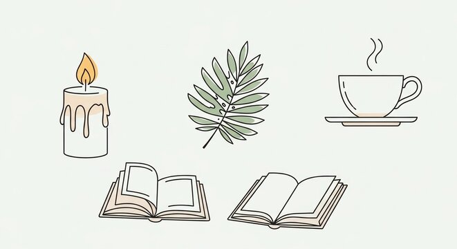 Tranquil Moments: Illustration of a candle, a cup of tea, a leaf and two open book for a moment of peace, ideal for projects needing calming or restful vibes.