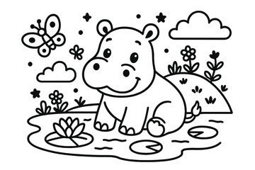 Playful Hippo Coloring. A cute hippopotamus in a playful scene with friendly details, black and white line art, children’s