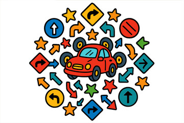 Colorful Car Mandala. Car in the center with wheels, road signs, arrows, and stars arranged in a circular mandala pattern, bright