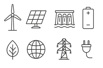 Renewable Energy Icons. Line style icons of Renewable Energy: Wind Turbine, Solar Cell, Hydroelectric Dam, Battery, Leaf, Globe,