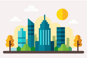 Obraz premium Modern cityscape with tall buildings trees and sun silhouette isolated on white background