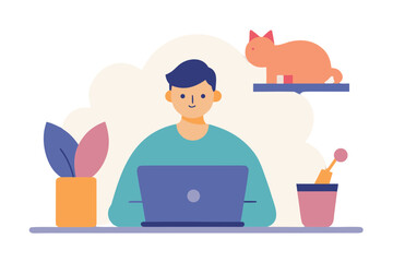 Person working on laptop with cat and plant on white background silhouette isolated on white background