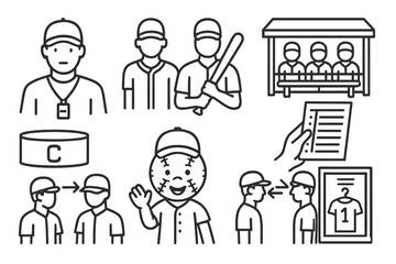 Baseball Team Icons. Line style icons of Baseball Team: Coach, Players, Dugout, Lineup Card, Armband, Mascot, Substitution, Locker