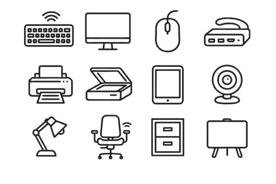 Technology filing webcam printer mouse icon scanner vector desk whiteboard icons office
